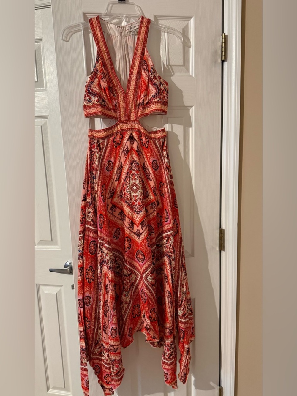 Guess xs pink orange Red Printed side Cutout Maxi Dress asymmetrical